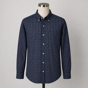 Duluth Trading Co Wrinklefighter Shirt Mens Medium Navy Blue Grid Check Trim Fit